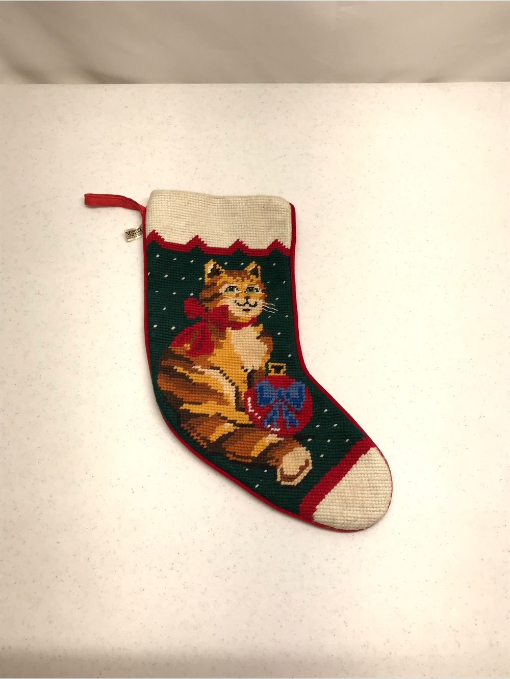 Cat Needlepoint Christmas Stocking - Red and Green